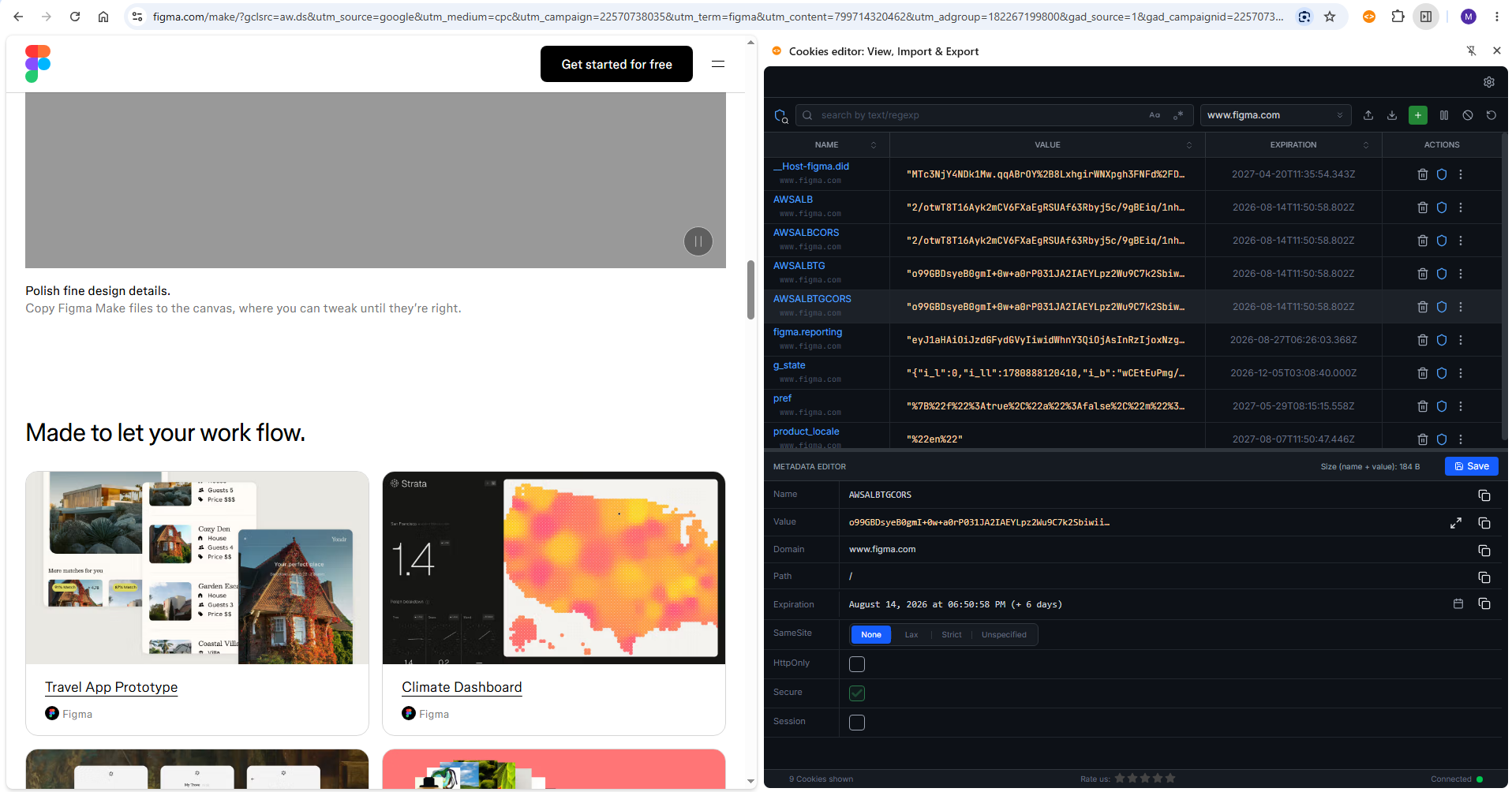 Screenshot of the Cookies Editor interface